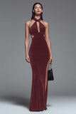 Dark Green Velvet Halter Sheath Long Formal Dress with Slit