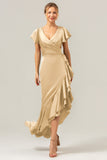 Olive A Line V Neck Satin Asymmetrical Bridesmaid Dress with Ruffle Slit