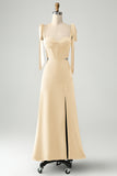 Olive  A Line Spaghetti Straps Floor Length Wedding Guest Dress with Slit