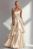 Blush A-Line Spaghetti Straps Long Prom Dress with Ruffles