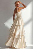 Blush A-Line Spaghetti Straps Long Prom Dress with Ruffles