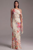 Asymmetrical Neck Black Mermaid Printed Ruched Floral Dress