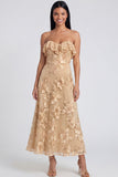Strapless Light Blue Floral Embroidery A Line Maxi Dress with Ruffles