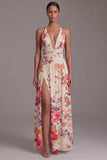 Halter Black Printed A Line Floral Dress