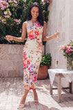 Midnight Bloom Black Ruched Mesh Sleeveless Midi Floral Dress