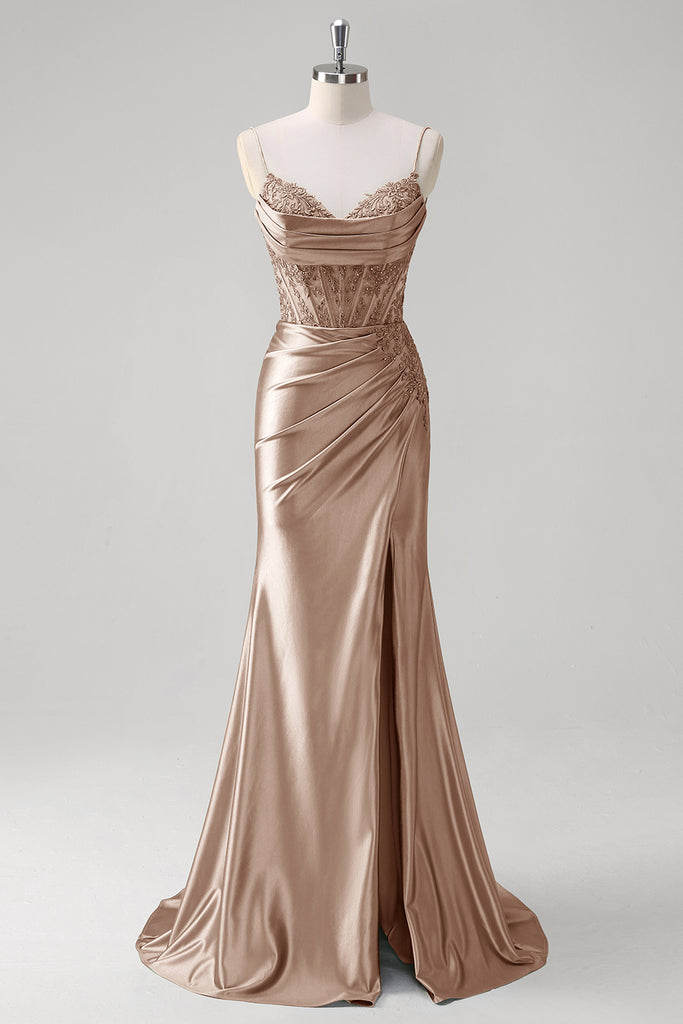 Zapaka Women Green Prom Dress With Slit Spaghetti Straps V-Neck Mermaid ...