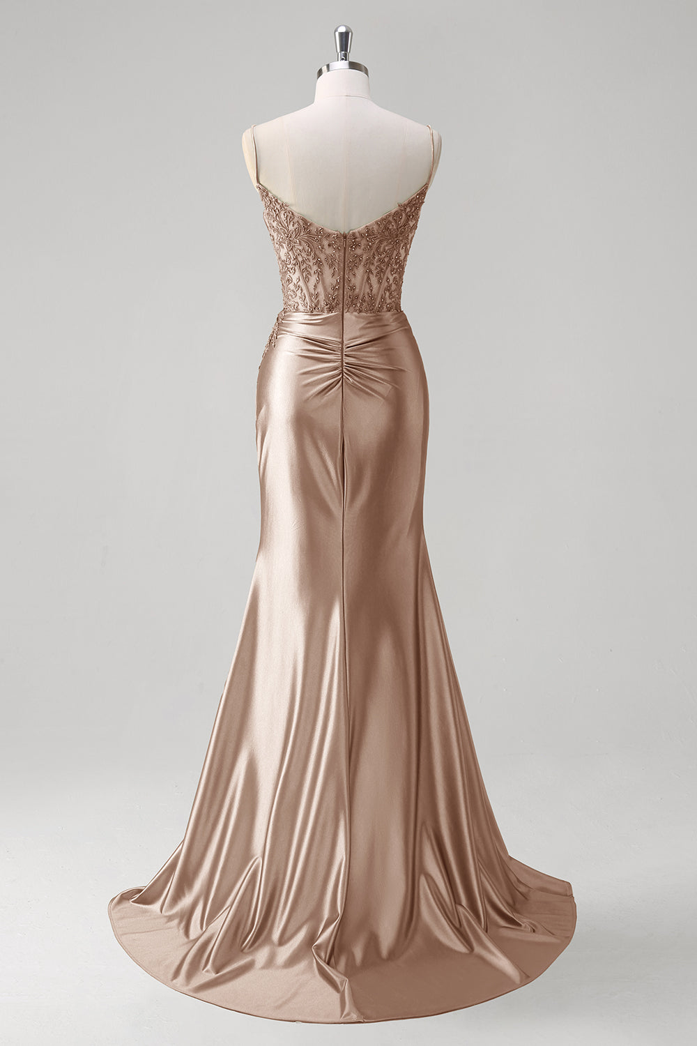 Zapaka Women Green Prom Dress With Slit Spaghetti Straps Mermaid Ruched Corset Long Evening Dress, Champagne / UK14 Zapaka Women Green Prom Dress With Slit Spaghetti Straps Mermaid Ruched Corset Long Evening Dress, Champagne / UK14