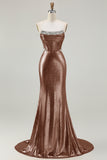 Metallic Dark Golden Beaded Corset Strapless Long Prom Dress