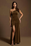 Dark Green One Shoulder Mermaid Holiday Party Dress With Slit