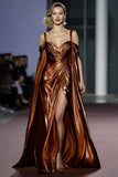 Coffee Metallic Cold Shoulder Long Gala Dress With Slit