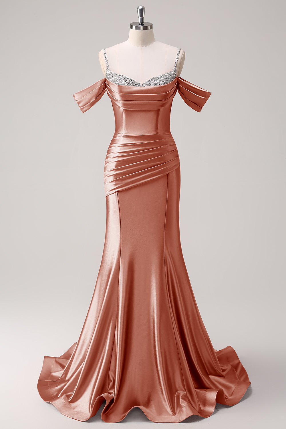 copper prom dress ZAPAKA Women Glitter Blush Long Prom Dress with Beading Mermaid Cold Shoulder Ruched Evening Party Dress, Copper / US12