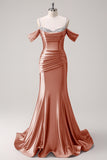 Glitter Blush Mermaid Cold Shoulder Ruched Long Prom Dress with Beading