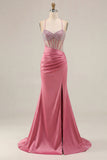 Pink Beaded Mermaid Spaghetti Straps Corset Ruched Long Prom Dress with Slit
