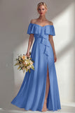 Burgundy A Line Off the Shoulder Long Bridesmaid Dress with Ruffles