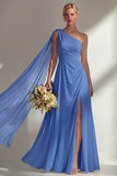 Burgundy A Line One Shoulder Chiffon Long Bridesmaid Dress with Slit