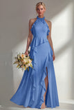 A Line Burgundy Halter Neck Chiffon Long Bridesmaid Dress with Ruffles