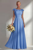 Chiffon Burgundy A Line Bateau Neck Long Bridesmaid Dress with Ruffles