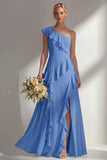 Butter Yellow A Line One Shoulder Chiffon Long Bridesmaid Dress with Ruffles