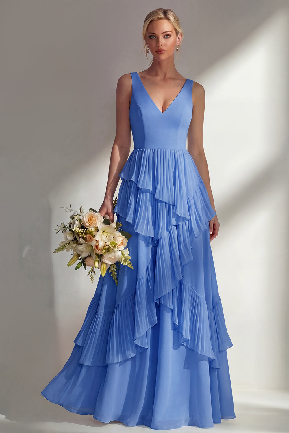 ZAPAKA Women Burgundy Bridesmaid Dress with Ruffles A-Line Chiffon V-Neck Long Wedding Guest Dress, Emerald / US6
