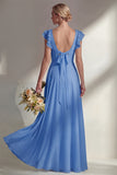 Chiffon Burgundy A Line Bateau Neck Long Bridesmaid Dress with Ruffles