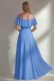 Burgundy A Line Off the Shoulder Long Bridesmaid Dress with Ruffles