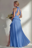 A Line Burgundy Halter Neck Chiffon Long Bridesmaid Dress with Ruffles