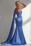 Burgundy Strapless Mermaid Satin Convertible Long Prom Dress with Streamer