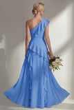 Butter Yellow A Line One Shoulder Chiffon Long Bridesmaid Dress with Ruffles