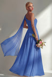 Burgundy A Line One Shoulder Chiffon Long Bridesmaid Dress with Slit