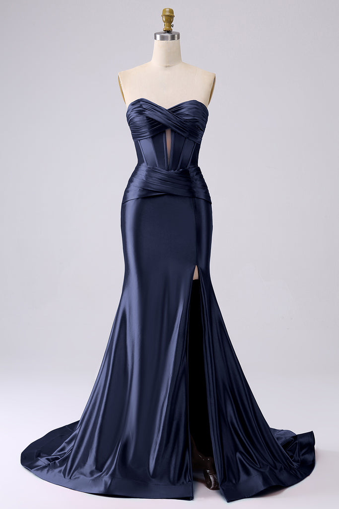 Dark Navy Sweetheart Mermaid Tulle Long Prom Dress Formal Evening Dress, DP5059