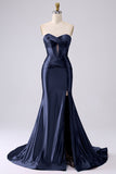 Sparkly Darrk Navy Mermaid Sweetheart Corset Long Prom Dress with Slit