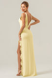 Lime Sheath Deep V Neck Backless Long Bridesmaid Dress with Ruffle Slit