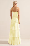 Candy Pink Spaghetti Straps A Line Ruffled Long Bridesmaid Dress