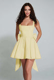 Ivory A Line Square Neck Backless Short Homecoming Dress with Back Giant Bow