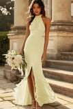 Halter Dusty Sage Mermaid Ruffles Chiffon Bridesmaid Dress