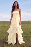 Strapless Ivory A Line Ruffled Boho Wedding Dress with Slit