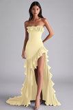 Black Mermaid Strapless Ruffled Formal Dress With Slit