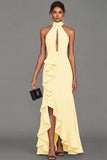 Black Sheath Halter Neck Ruffled Cut Out Long Formal Dress with Slit