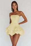 White Strapless A Line Tiered Matte Satin Graduation Dress