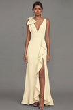Dark Green Sheath V-Neck Ruffled Ruched Long Formal Dress with Slit