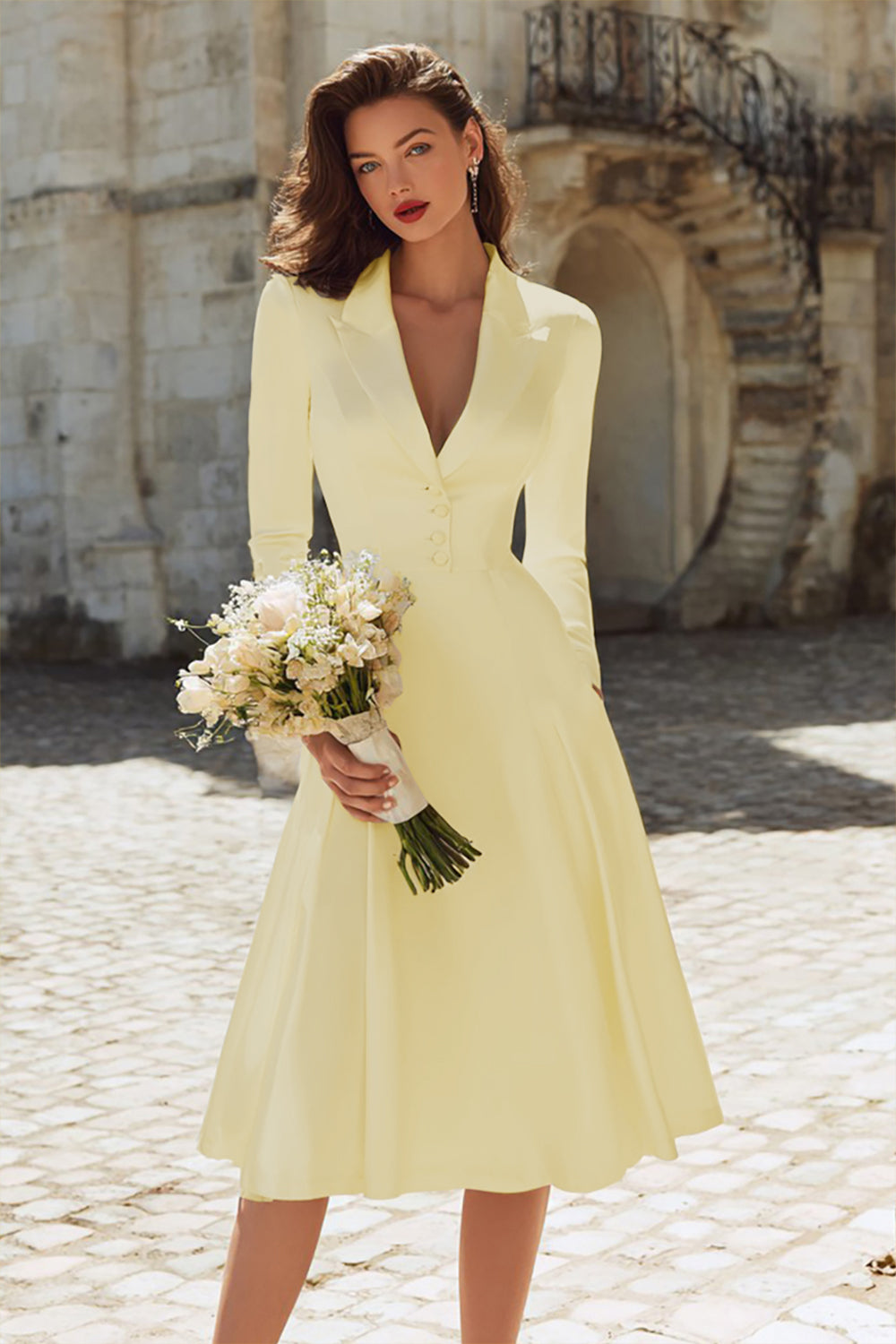 Zapaka Women Ivory Satin Midi Engagement Dress with Long Sleeves Peaked Lapel A Line Bridal Dress, Daffodil / US22W Zapaka Women Ivory Satin Midi Engagement Dress with Long Sleeves Peaked Lapel A Line Bridal Dress, Daffodil / US22W
