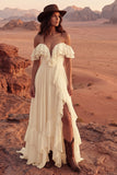 Ivory Off the Shoulder A Line Maxi Beach Wedding Dress with Ruffles