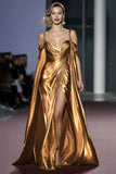 Coffee Metallic Cold Shoulder Long Gala Dress With Slit