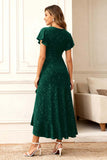 Glitter Black A Line Ruffle Holiday Party Dress with Sleeves