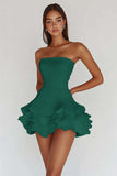 White Strapless A Line Tiered Matte Satin Graduation Dress