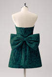Dark Green A Line Strapless Floral Brocade Short Homecoming Dress with Back Giant Bow