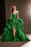 A Line Sweetheart Dark Red Ruffle Pageant Dress with Slit