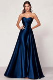 Dark Green A Line Satin Sweetheart Long Prom Dress