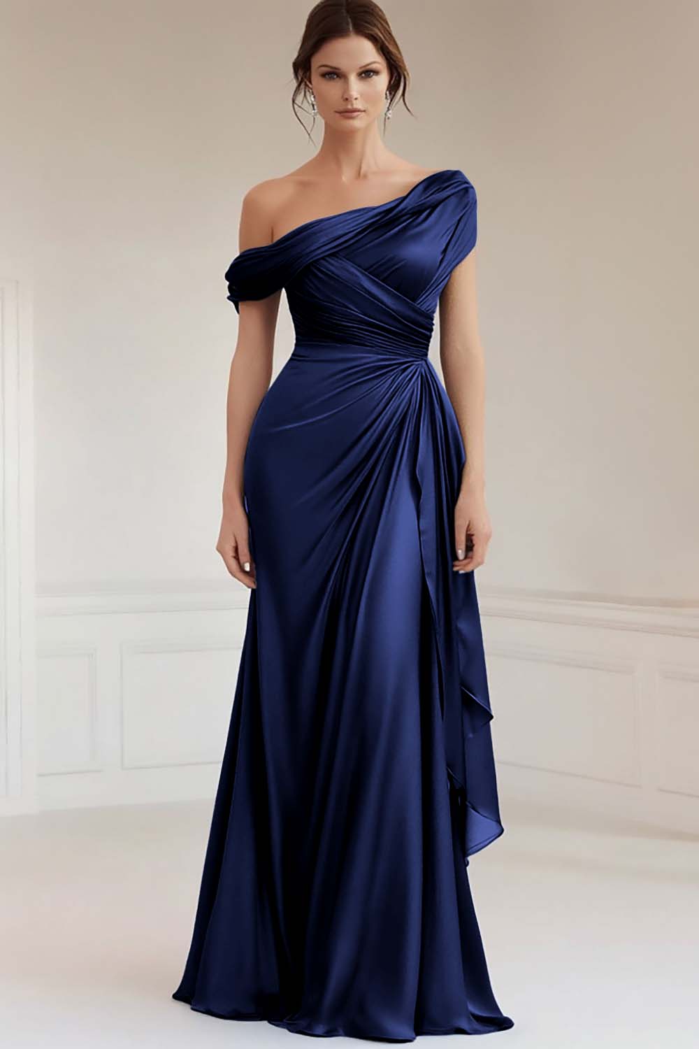 Zapaka Women Mermaid Grey Blue Mother Dress One Shoulder Satin Ruched Mother Of Bride Dress with Ruffles ZAPAKA Zapaka Women Mermaid Grey Blue Mother Dress One Shoulder Satin Ruched Mother Of Bride Dress with Ruffles ZAPAKA