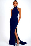 Sky Blue Halter Satin Mermaid Formal Dress with Slit
